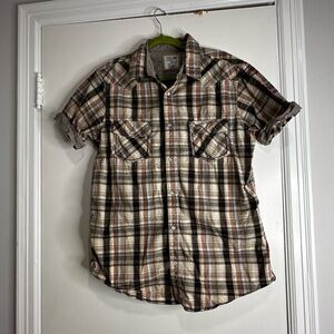 Urban Pipeline Mens Shirt  Large brown and orange plaid  Button Up. Pearl Snap.